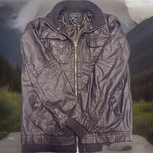 Hawke & Co Faux Leather Bomber Jacket Brown Full Zip